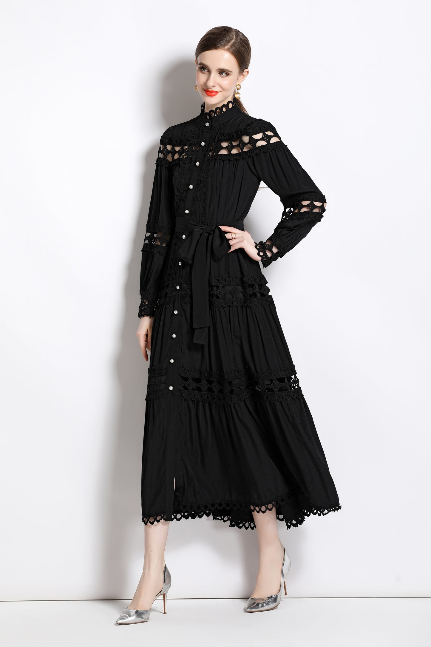 Women's Hollow Lace Puff Sleeve Split Maxi Dress