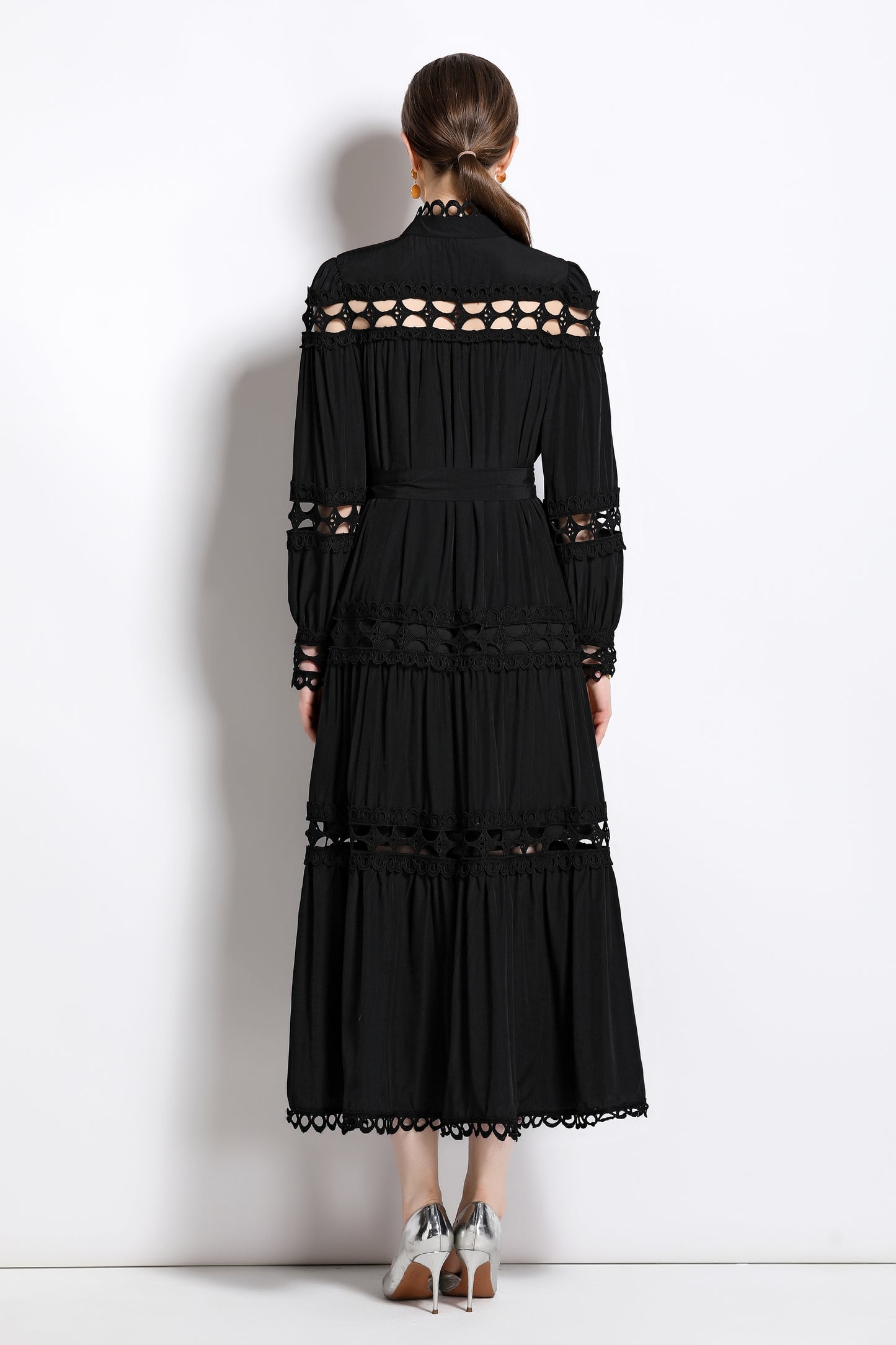 Women's Hollow Lace Puff Sleeve Split Maxi Dress