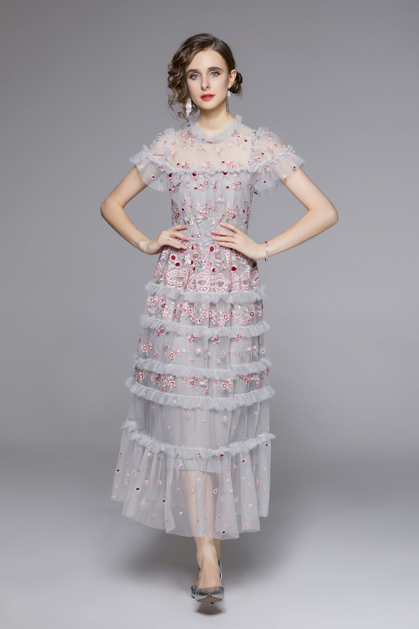 Romantic Floral Embroidered Ruffle Midi Dress