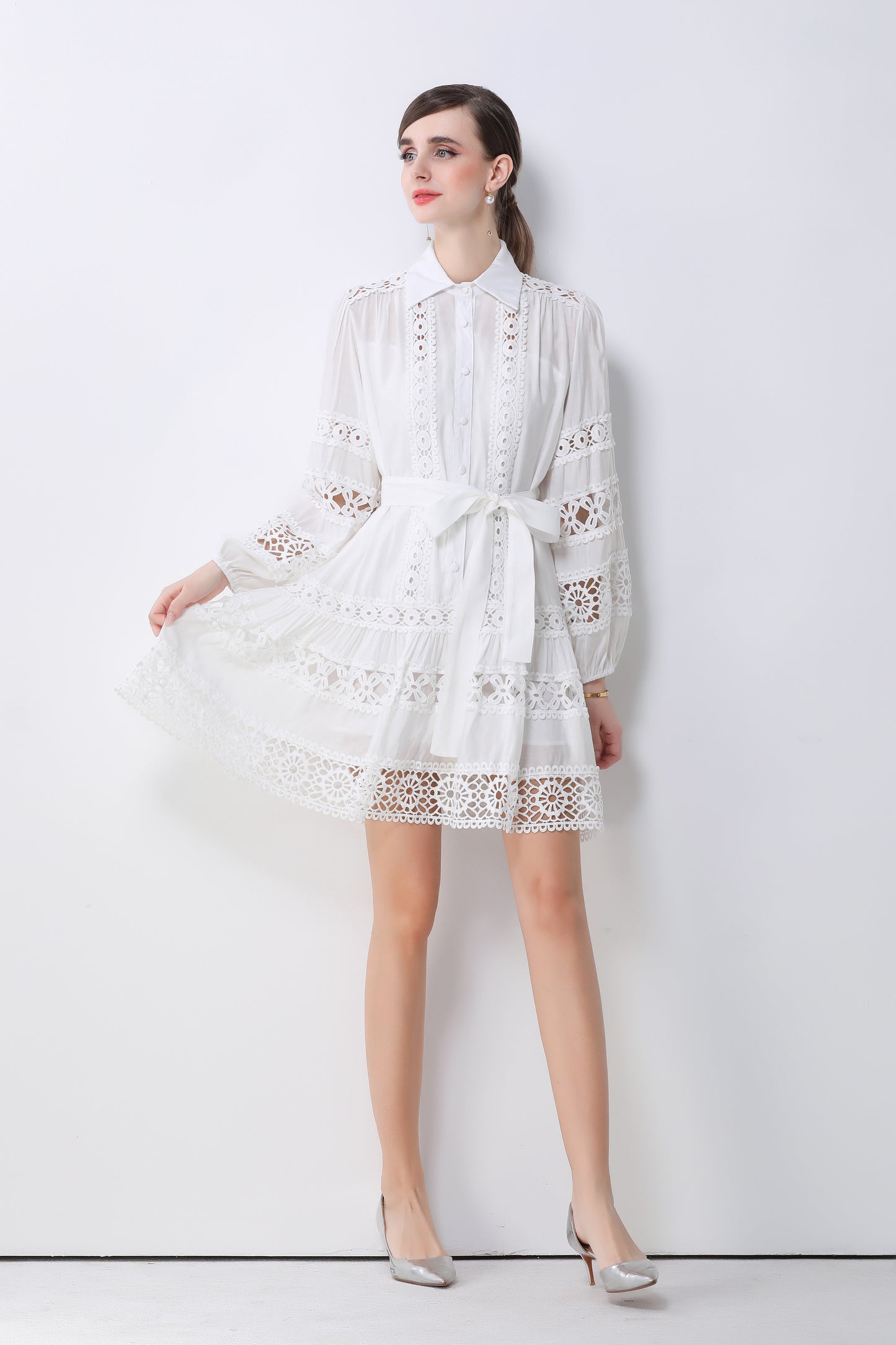 Women's Hollow Out Lace Puff Sleeve Button Mini Dress - LAI MENG FIVE CATS