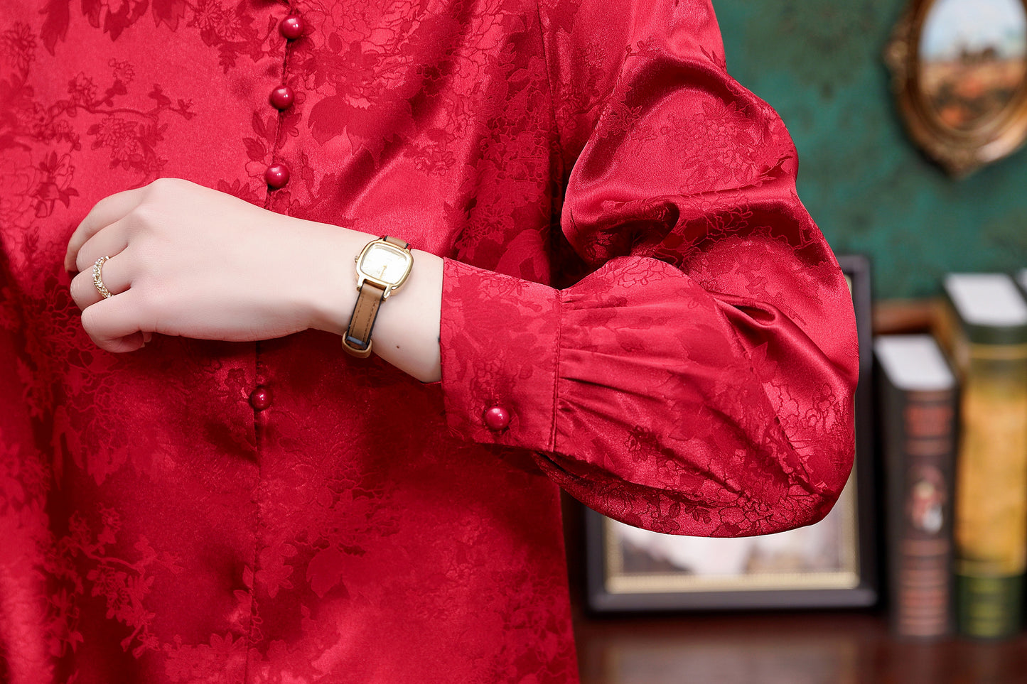 Women's Silk Satin Jacquard Long Sleeve Blouses