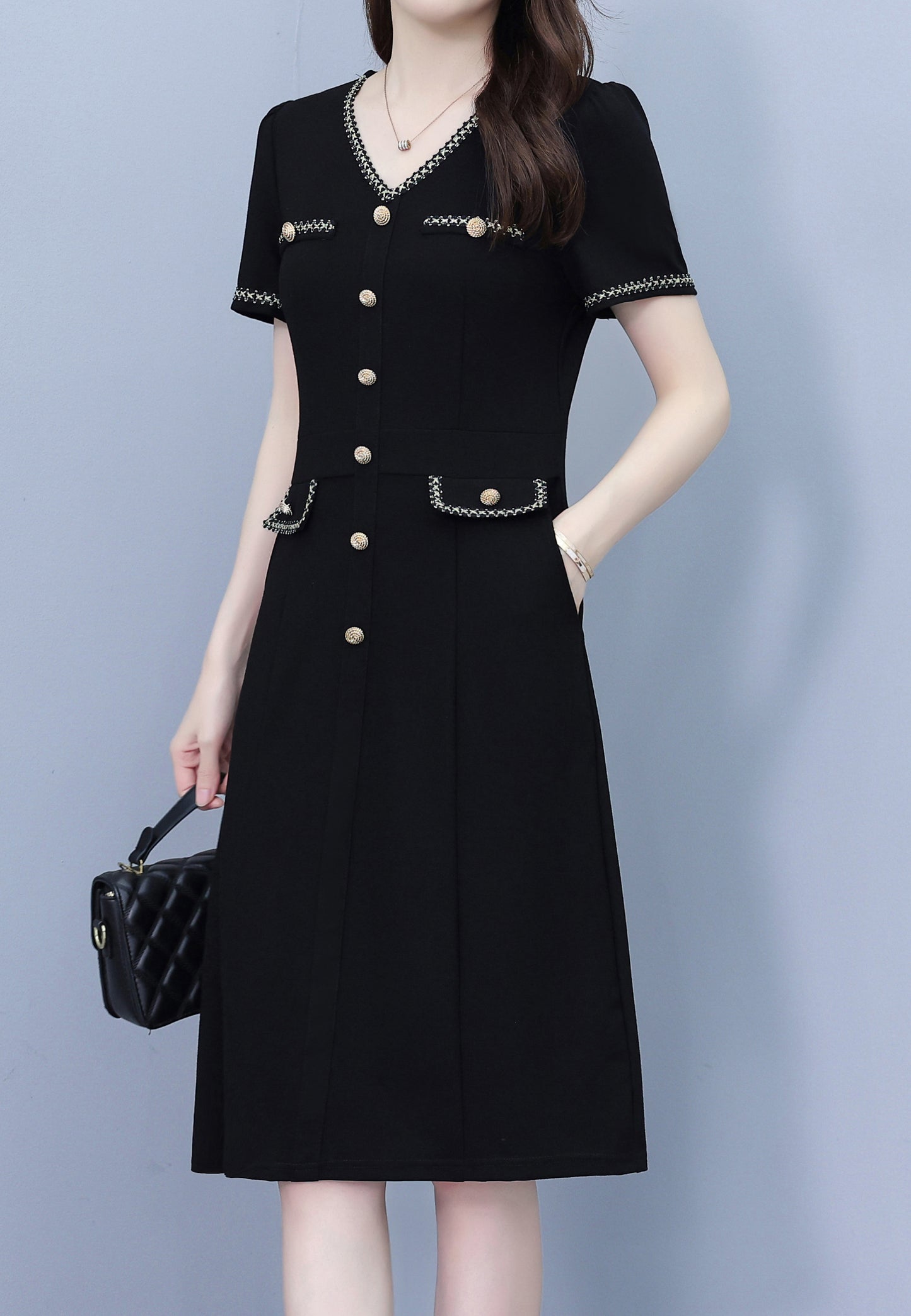 Elegant Black Midi Dress with Gold Details - LAI MENG FIVE CATS