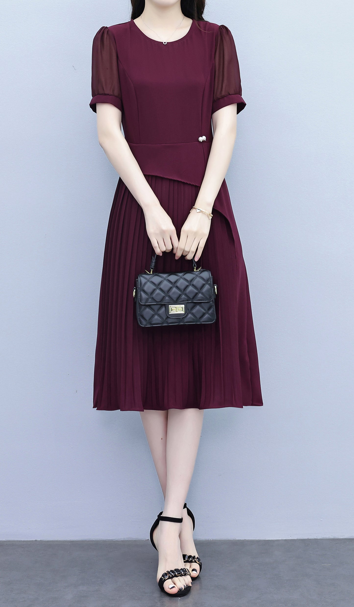 Chiffon Sleeves Pleated Midi Dress - LAI MENG FIVE CATS