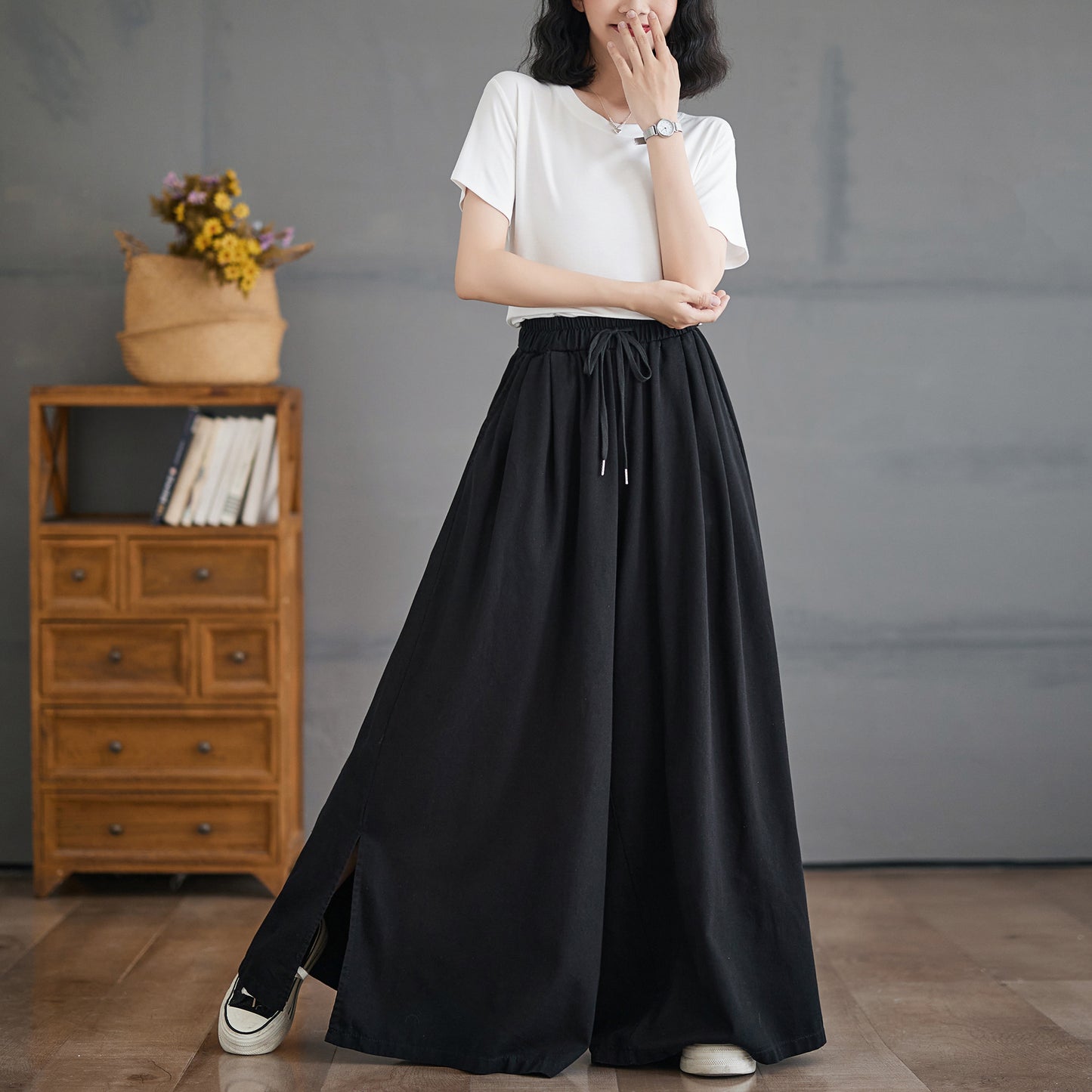 Women's Waisted Drawstring Side Slit Wide Leg Pants