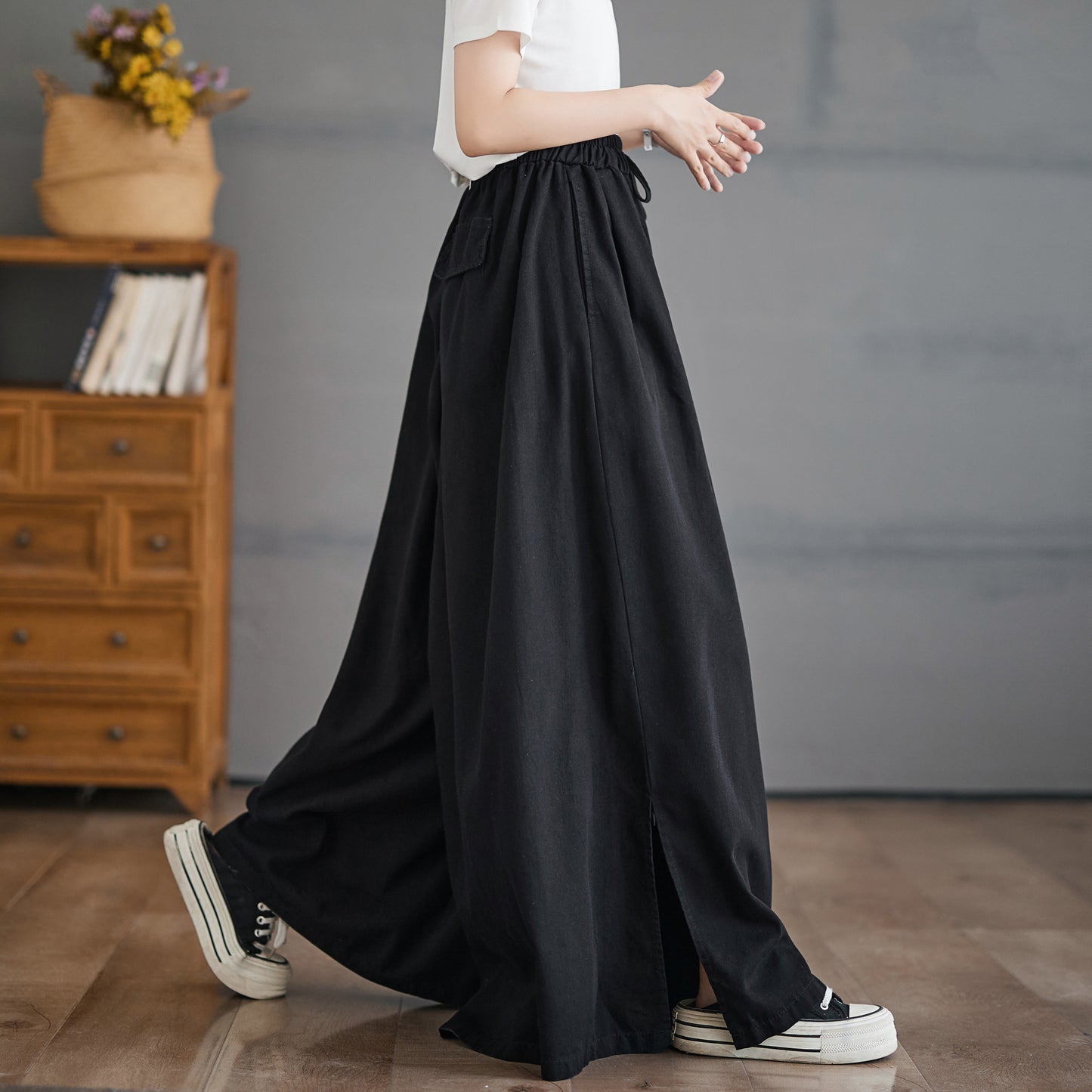 Women's Waisted Drawstring Side Slit Wide Leg Pants