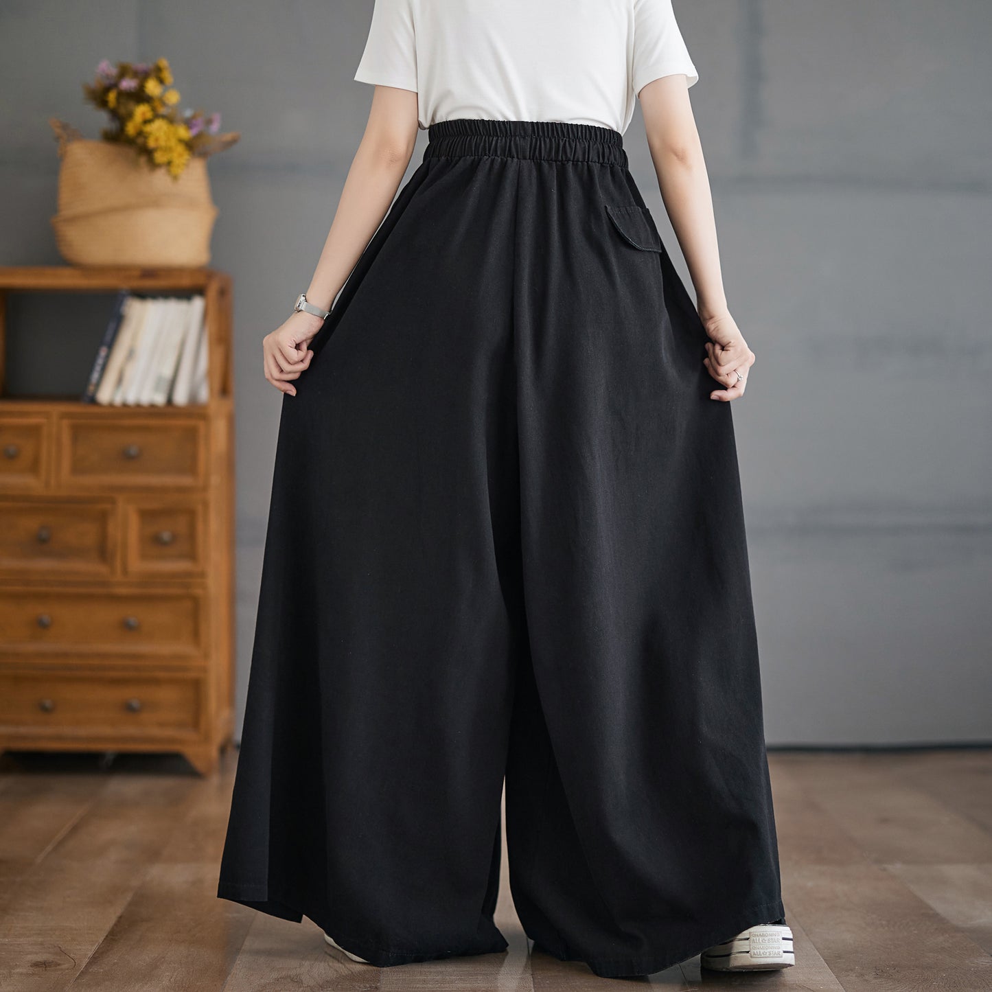 Women's Waisted Drawstring Side Slit Wide Leg Pants