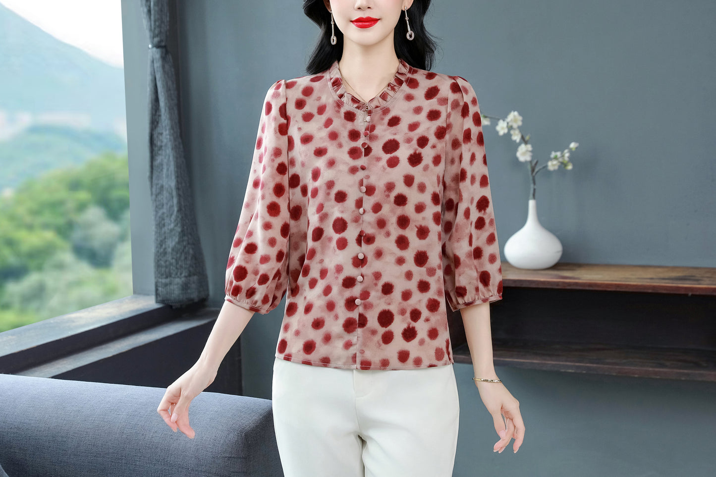 Women's  Floral Print Ruffle Puff Sleeve Blouses Top
