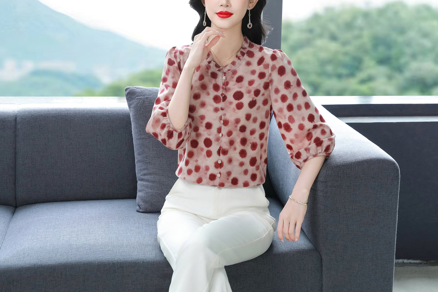 Women's  Floral Print Ruffle Puff Sleeve Blouses Top