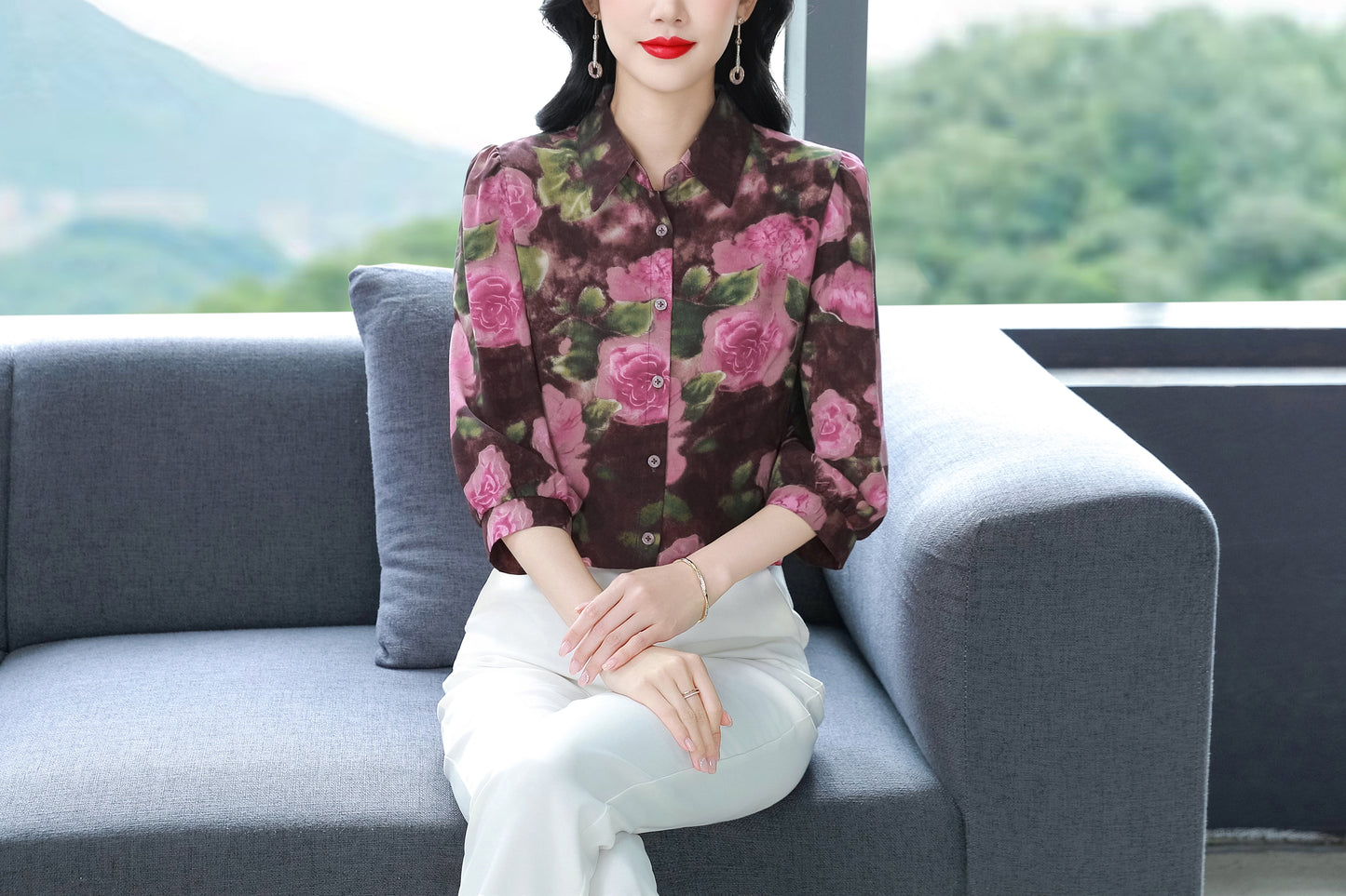 Women's Floral Print Shirt Loose Blouses Tops