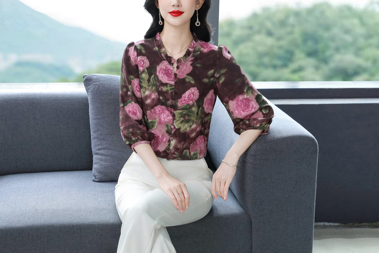 Women's  Floral Print Ruffle Puff Sleeve Blouses Top