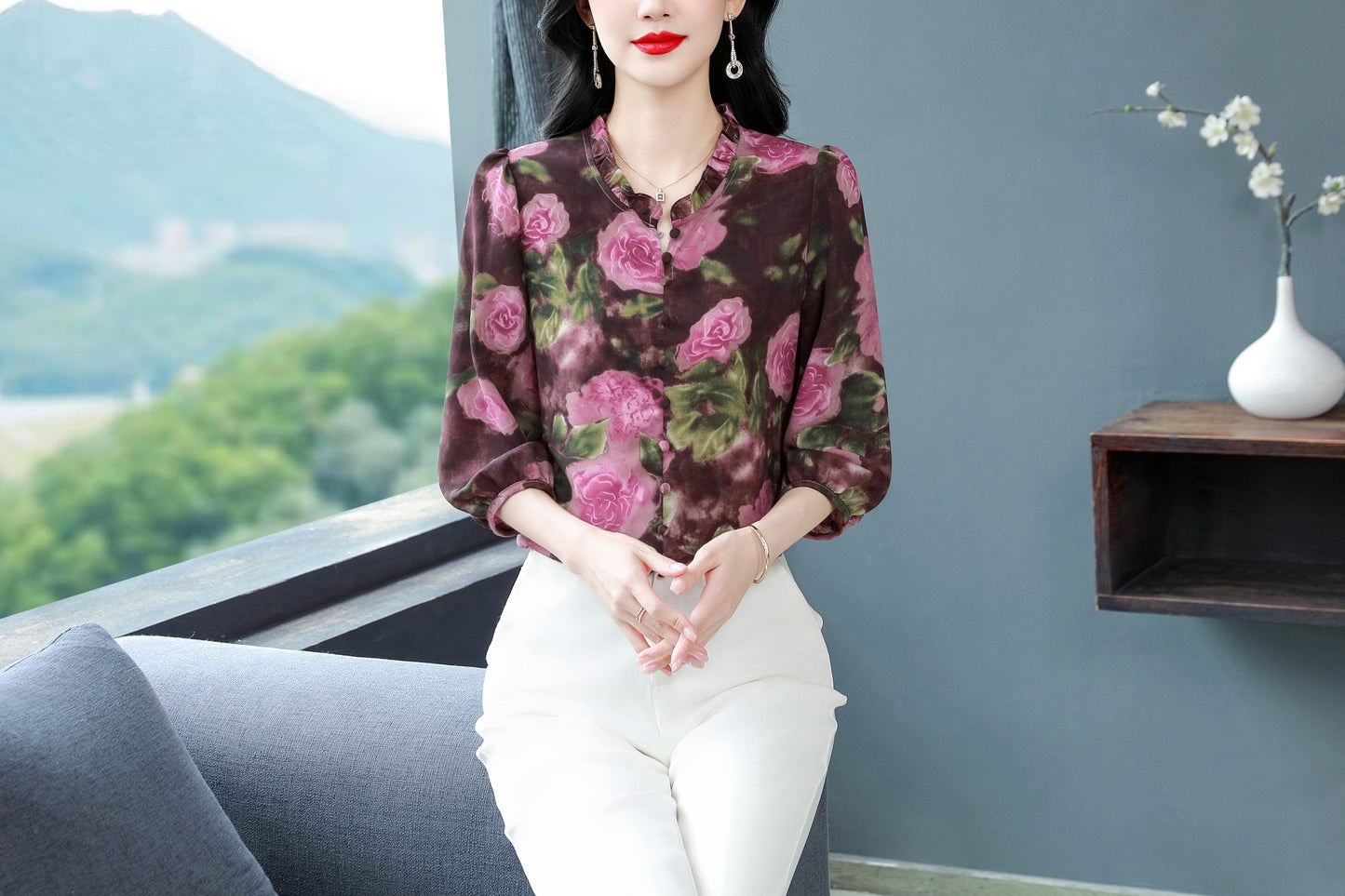 Women's  Floral Print Ruffle Puff Sleeve Blouses Top