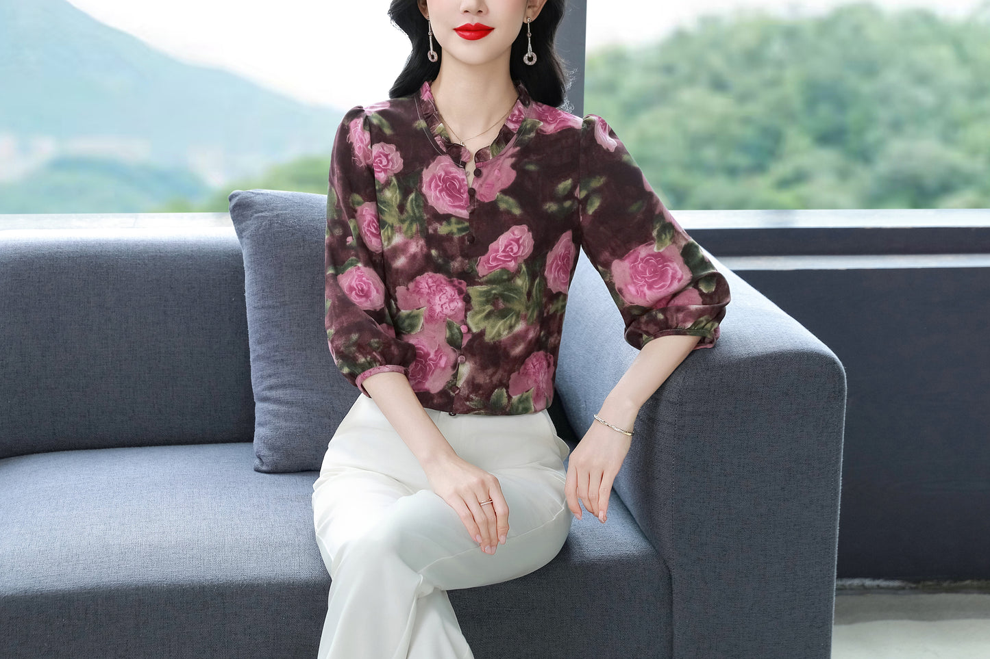 Women's  Floral Print Ruffle Puff Sleeve Blouses Top