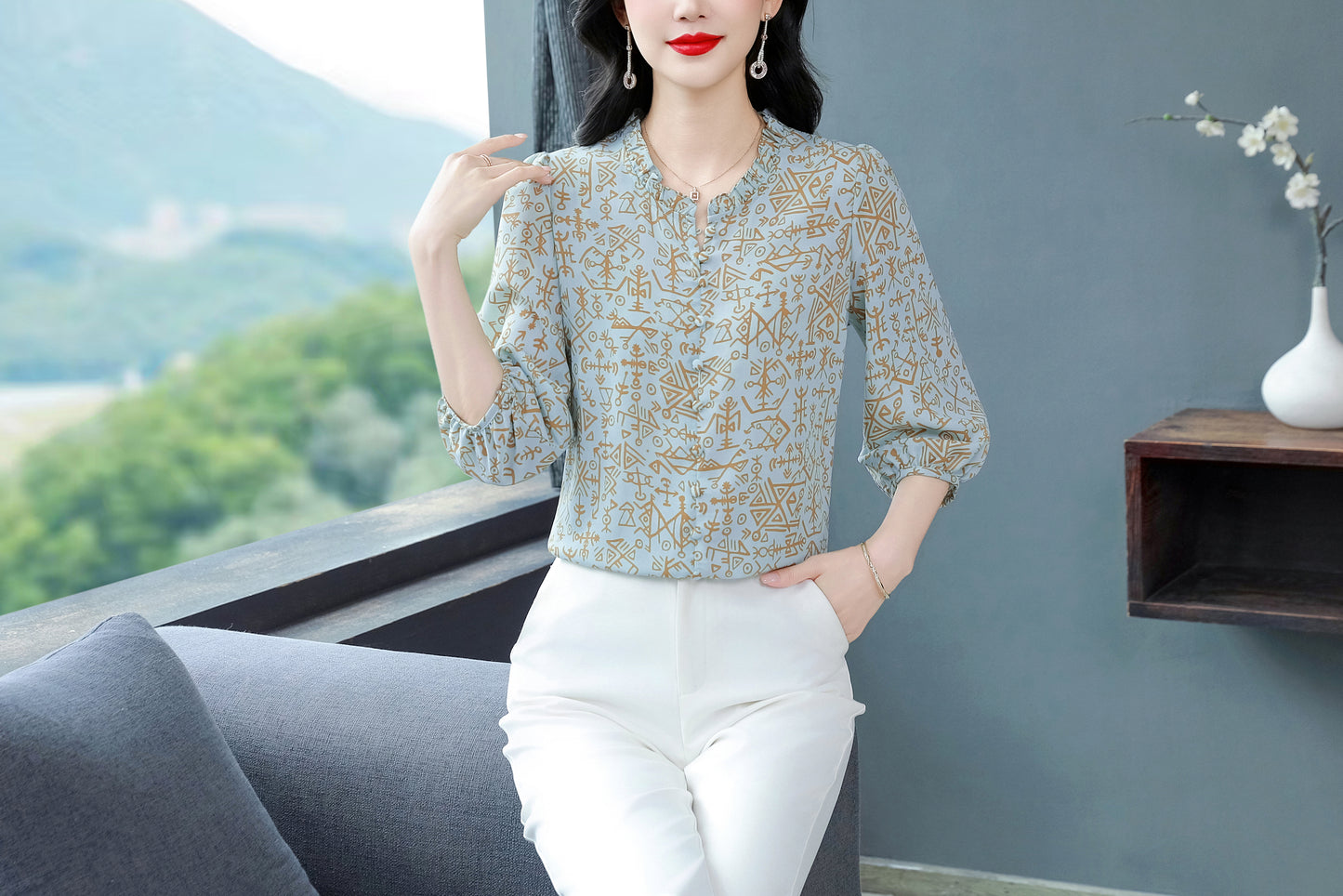 Women's  Floral Print Ruffle Puff Sleeve Blouses Top