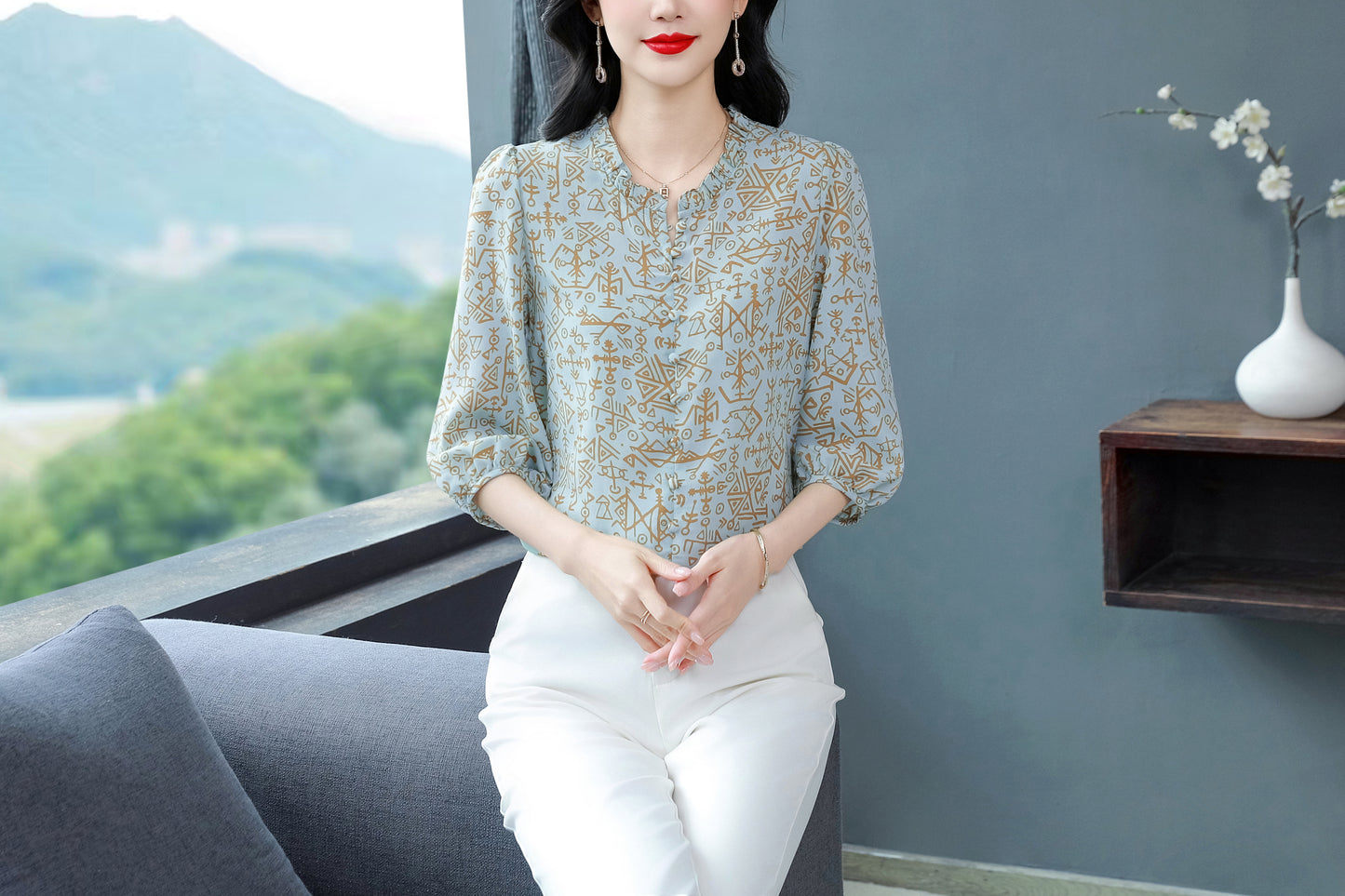 Women's  Floral Print Ruffle Puff Sleeve Blouses Top