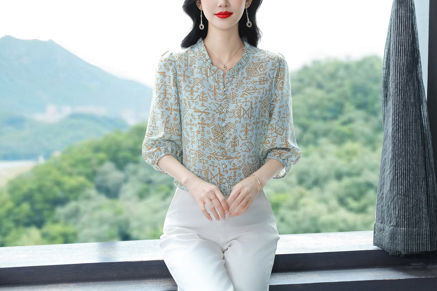 Women's  Floral Print Ruffle Puff Sleeve Blouses Top