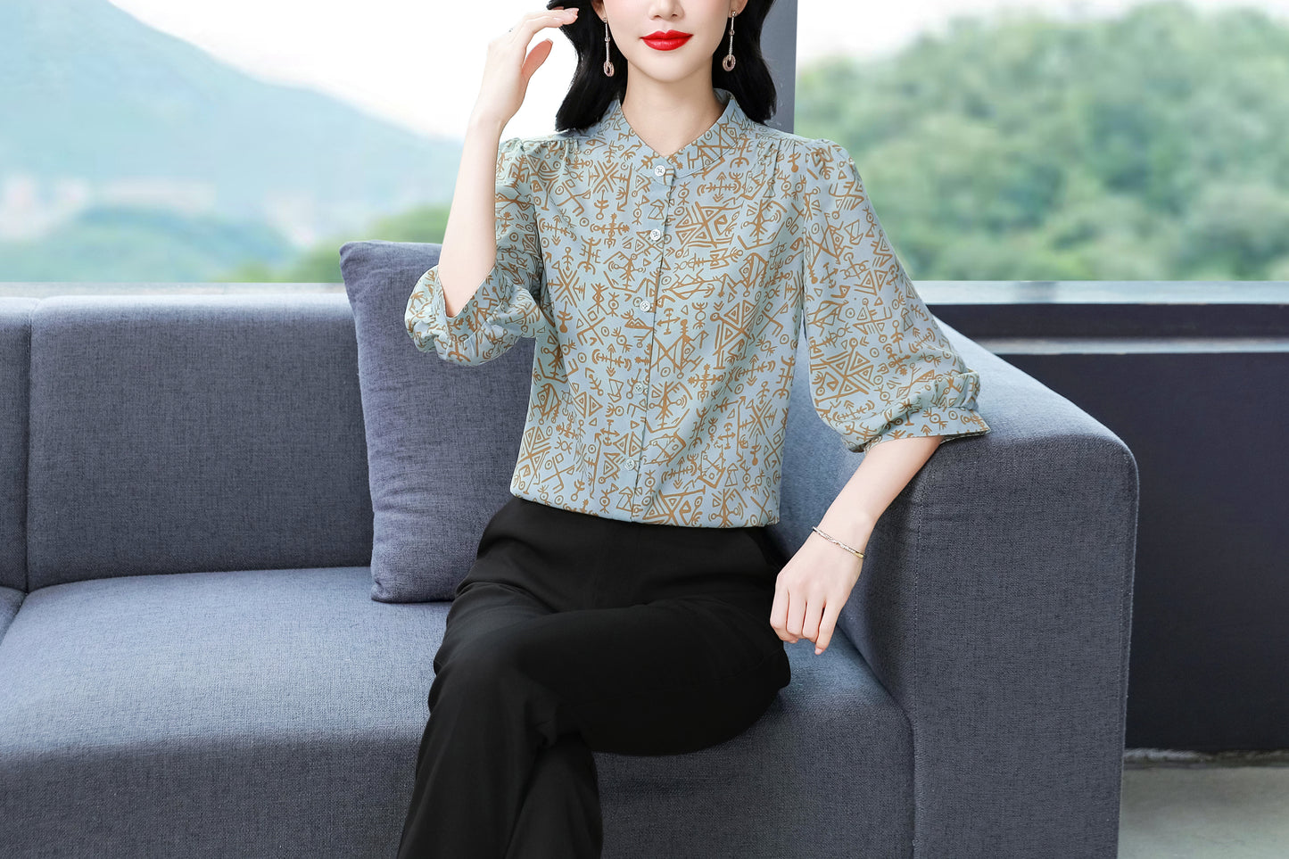 Women's Floral Print Puff Sleeve Loose Blouses Top