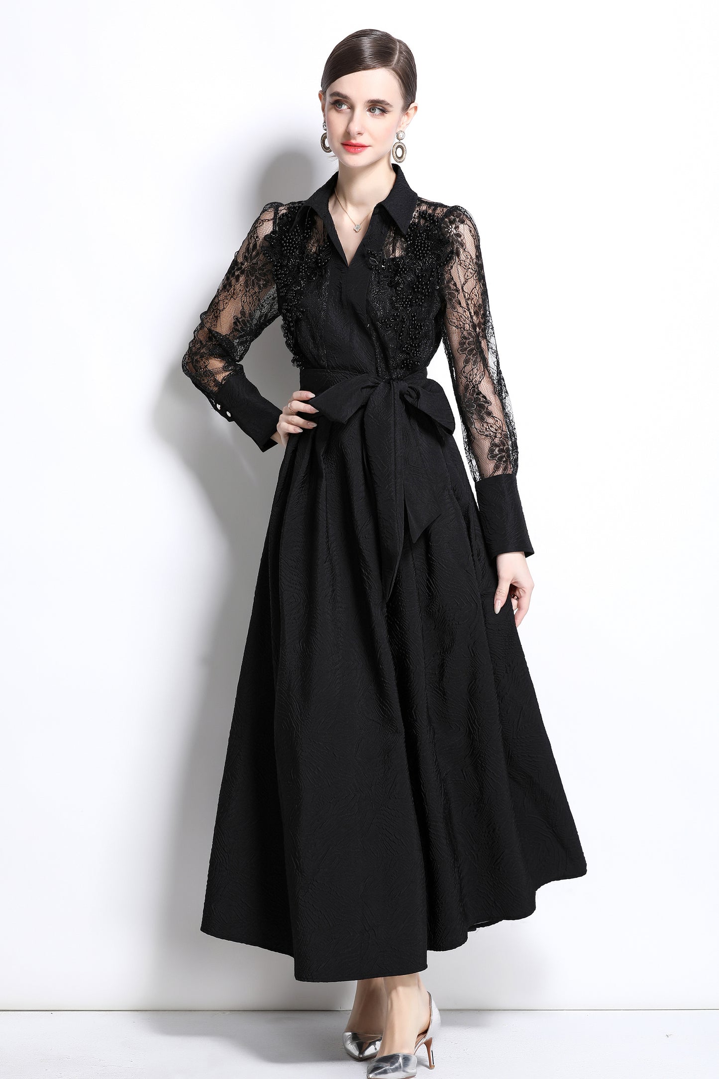 Women's Lace Pearl Decor Mesh Jacquard Maxi Dress