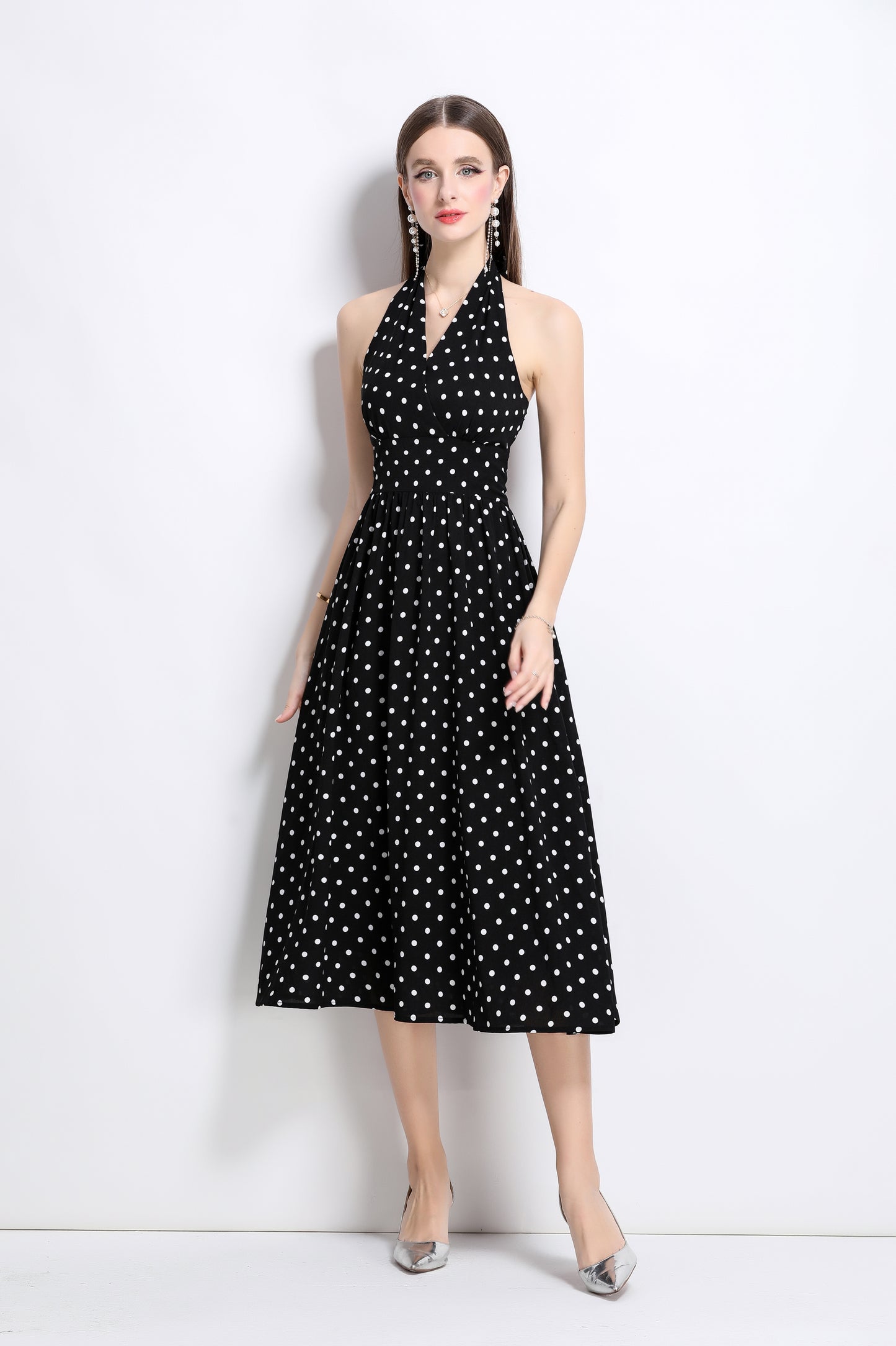 Women's Polka Dot Halter V Neck Backless Midi Dress