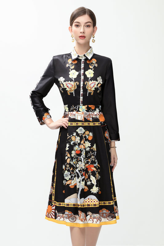 Women's 3/4 Sleeve Floral Print  Midi Dress