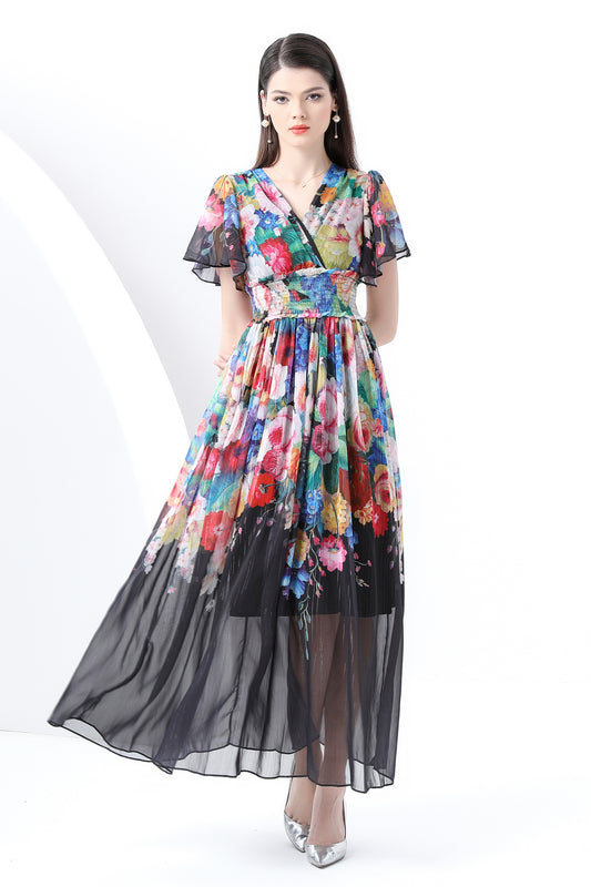 Women's V-Neck Elastic Waist Print Maxi Dress