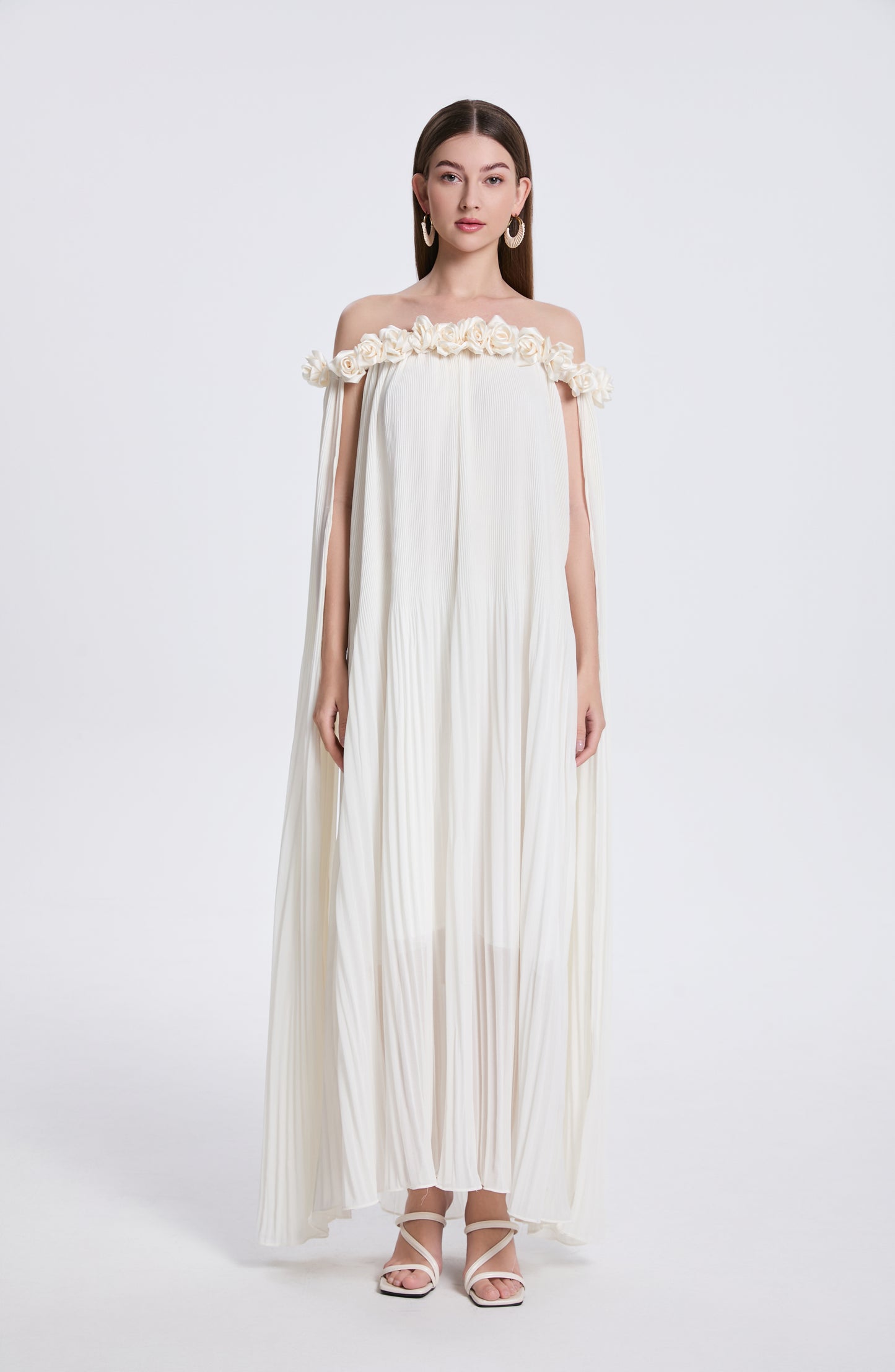 Women's Off Shoulder Chiffon 3D Floral Pleated Maxi Dress
