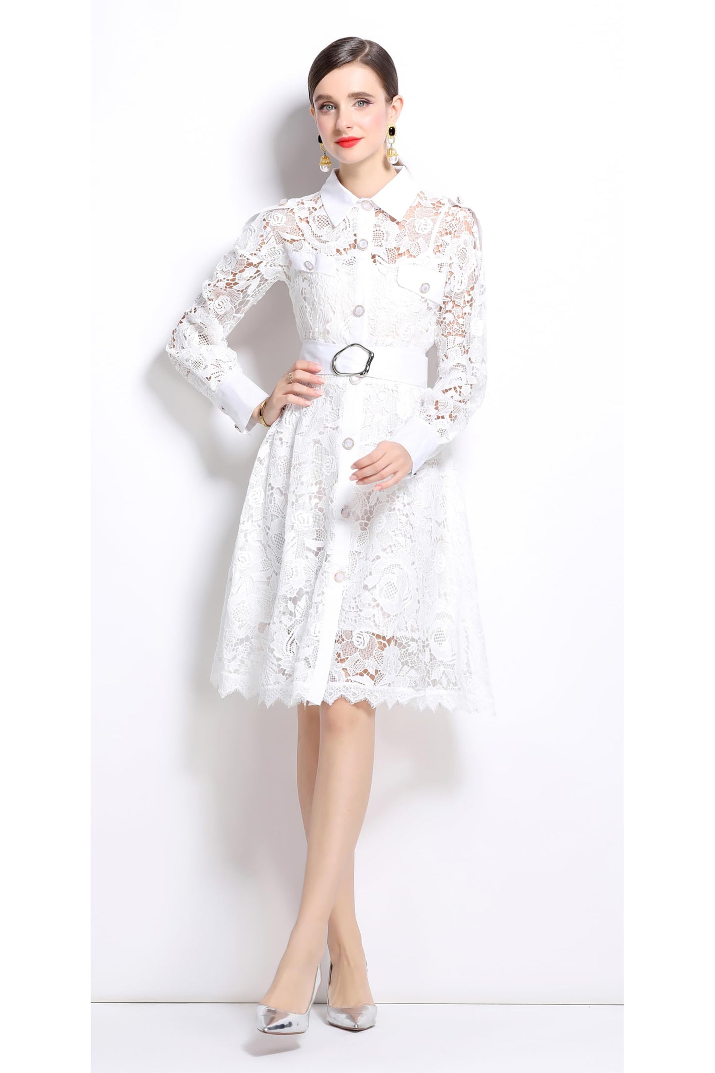 Womens Lace Tie Waist Flowy Midi Dress - LAI MENG FIVE CATS