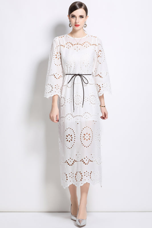 Women's Hollow 3/4 Flare Sleeve Midi Dress