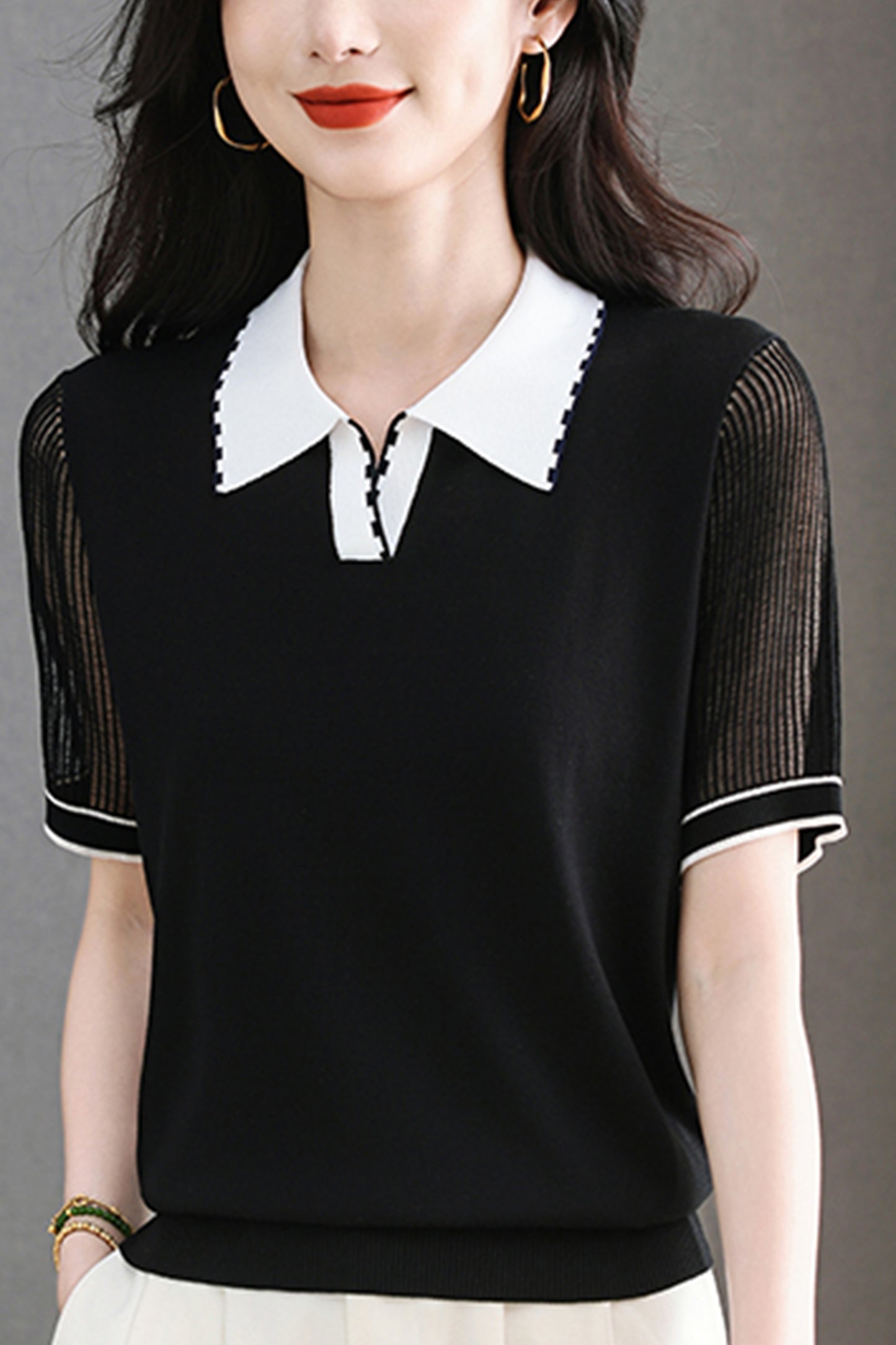 Women's Contrasting Color Polo Collar Knit Blouse