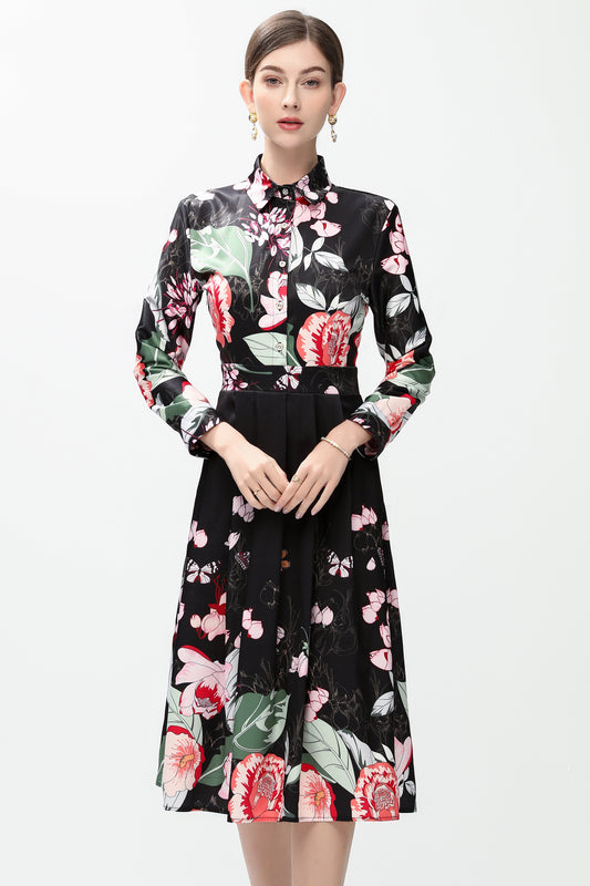 Women's 3/4 Sleeve Floral Print  Midi Dress