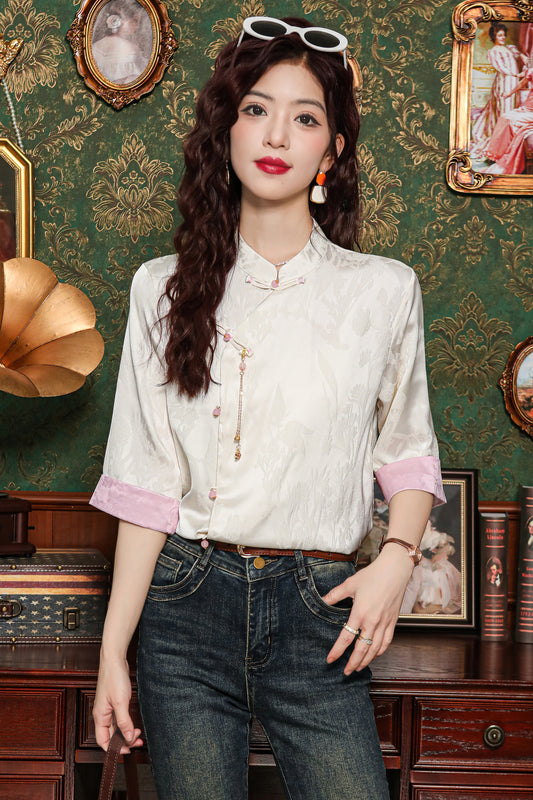 Women's Silk Satin Tops Button Jacquard Blouse