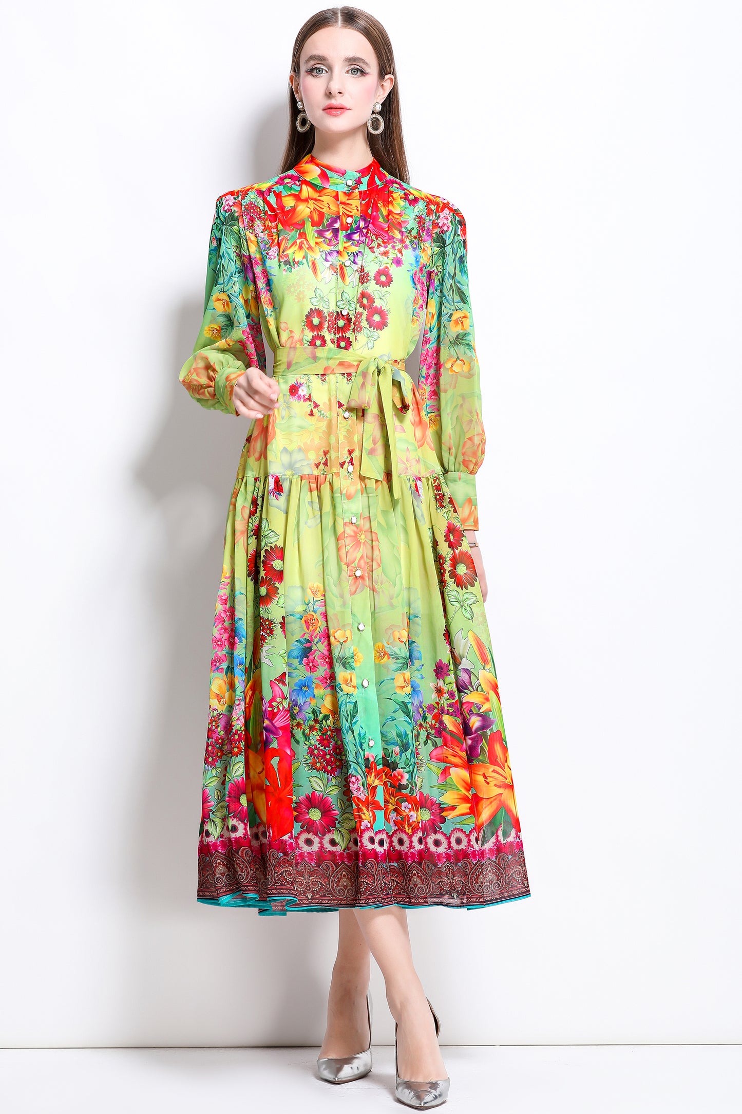 Women Floral Print Puff Sleeve Split Sheer Maxi Dress