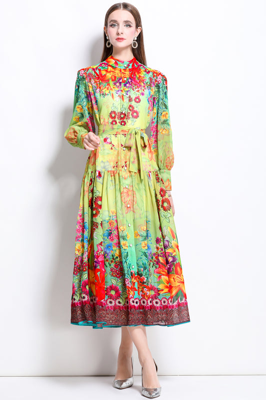 Women Floral Print Puff Sleeve Split Sheer Maxi Dress