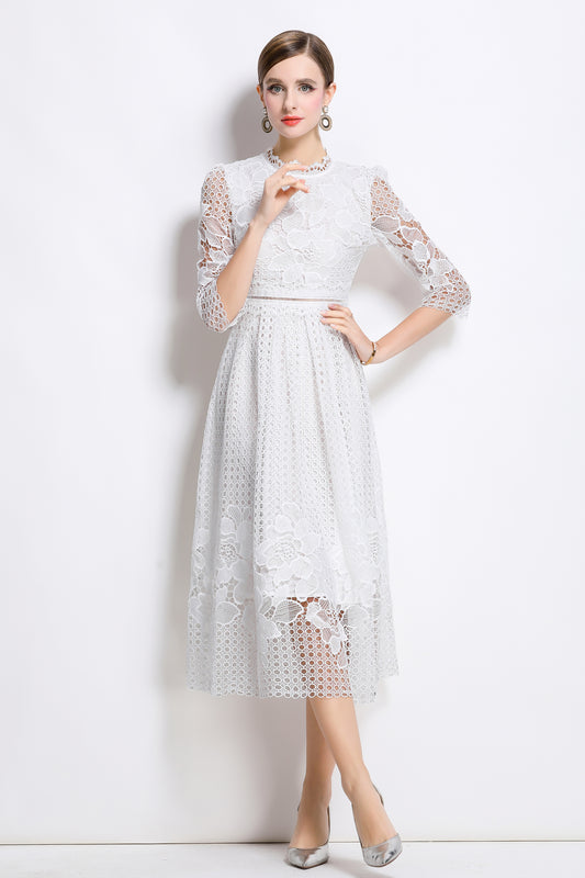 Women's Floral Lace Hollow Crochet Waist Midi Dress