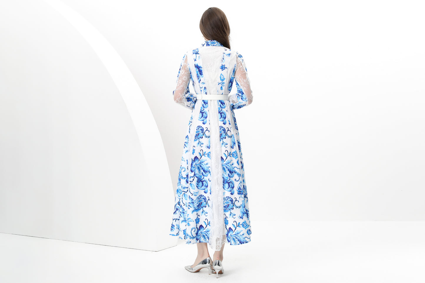 Women's Floral Print Lace Puff Sleeve Maxi Dresses