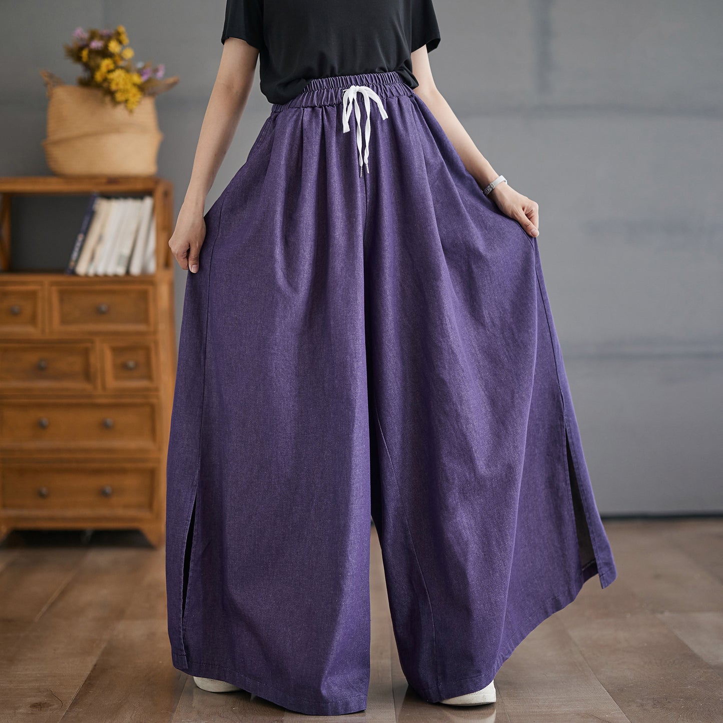 Women's Waisted Drawstring Side Slit Wide Leg Pants