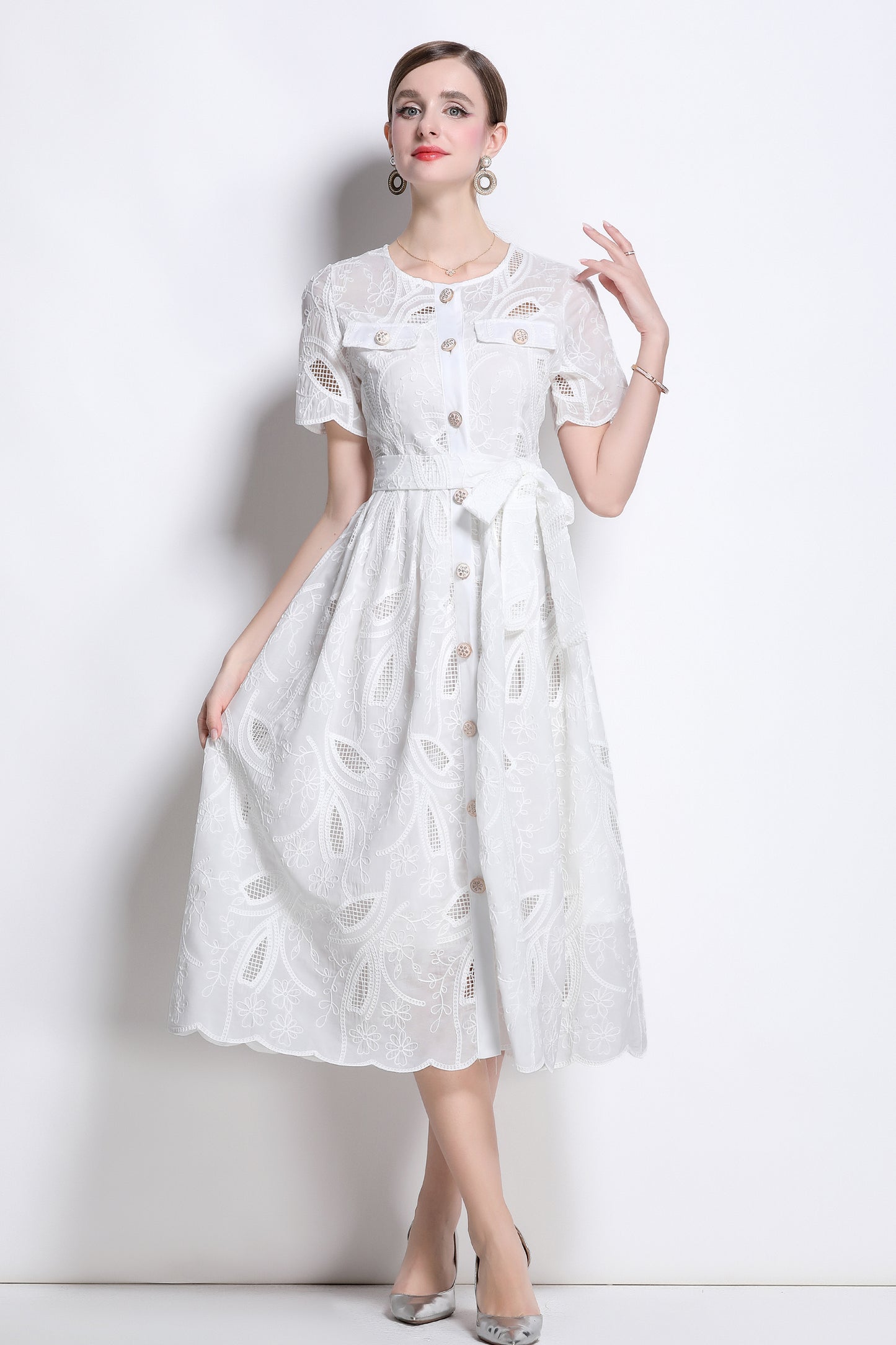 Women's Hollow Lace Short Sleeve Midi Dress