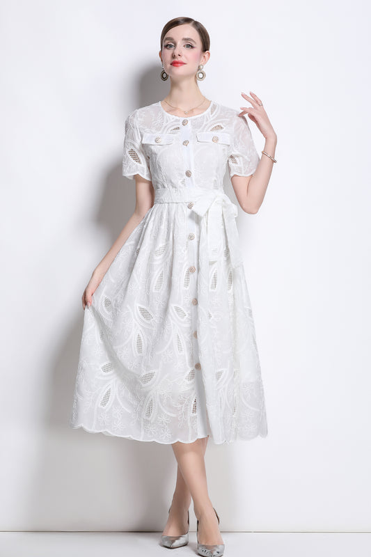 Women's Hollow Lace Short Sleeve Midi Dress