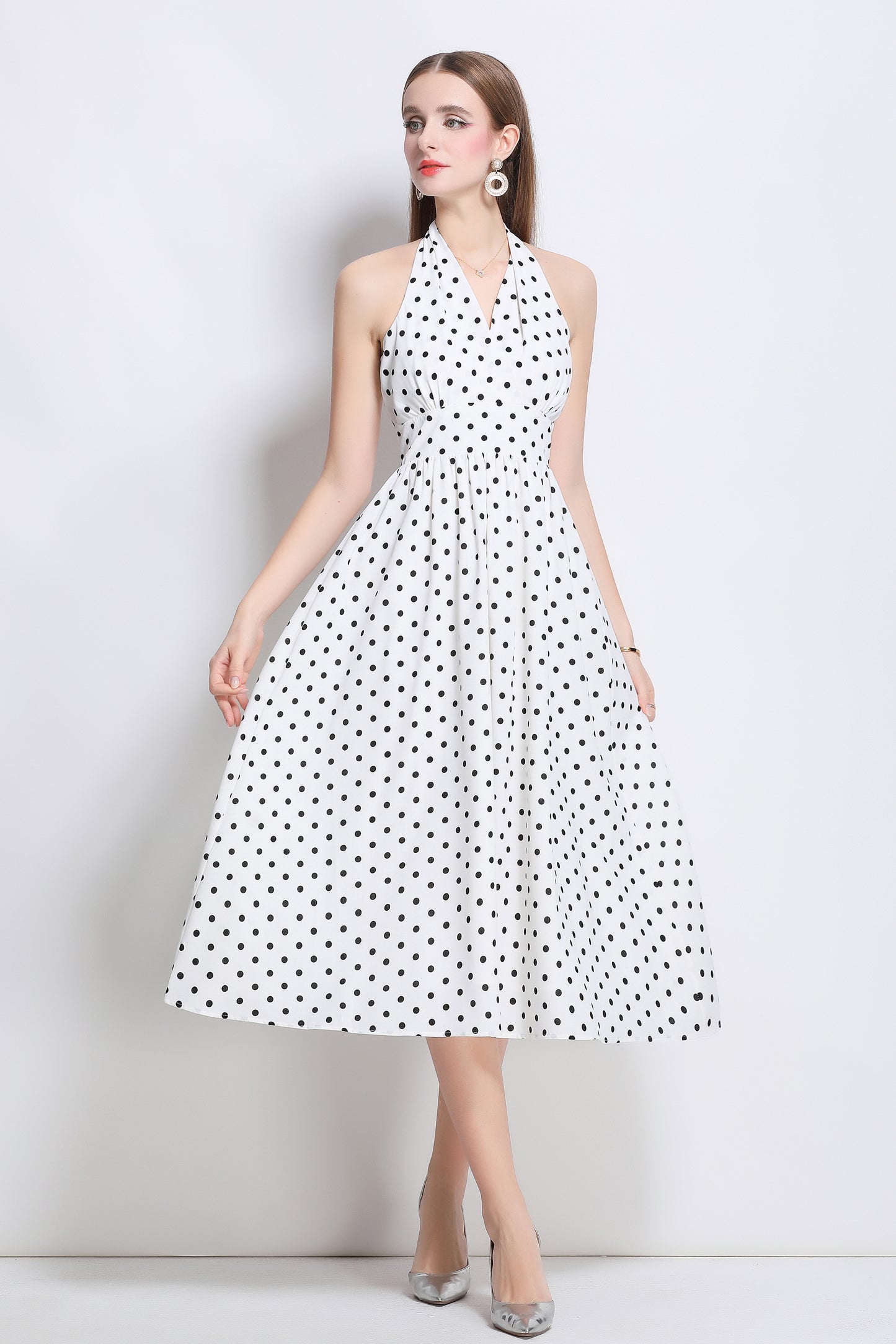 Women's Polka Dot Halter V Neck Backless Midi Dress