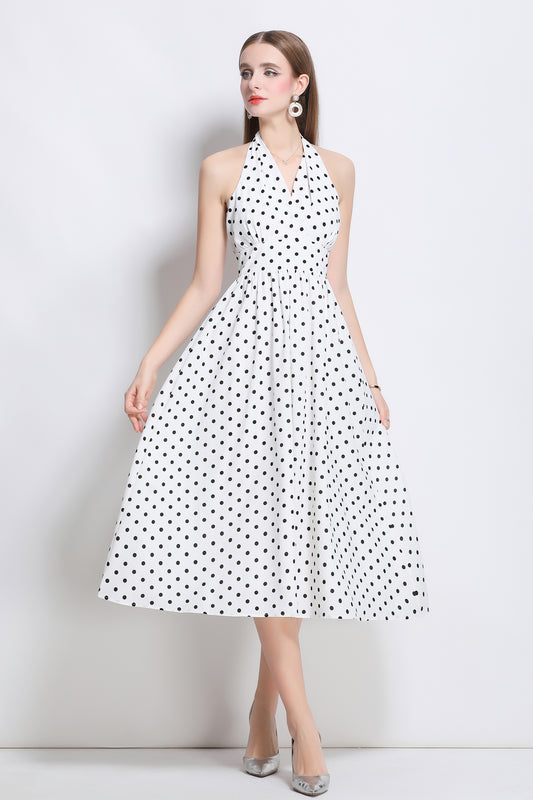 Women's Polka Dot Halter V Neck Backless Midi Dress