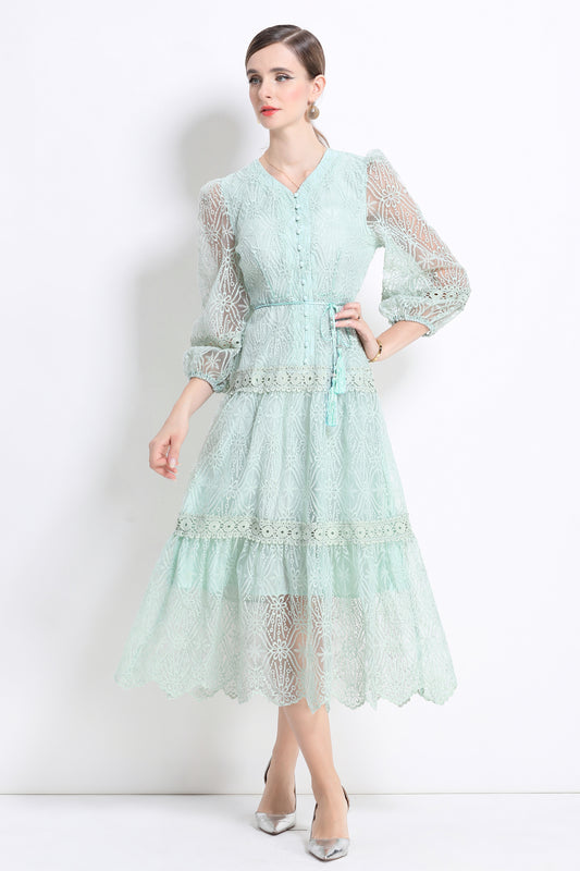 Women's V-Neck Mesh Embroidery Lace Midi Dress