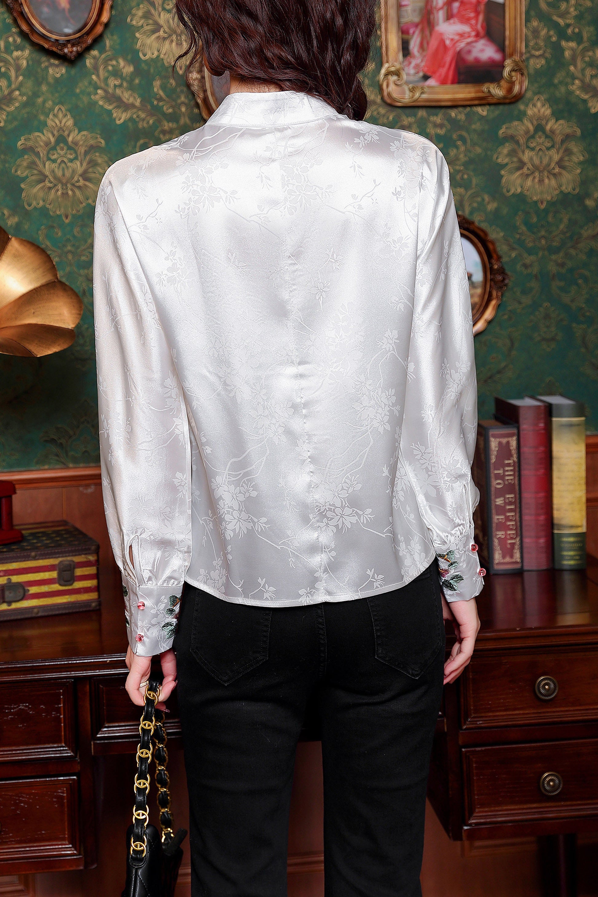 Women's Vintage chinese Silk Satin Top Embroidery Jacquard Blouses - LAI MENG FIVE CATS