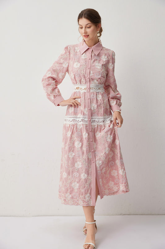 Women's Embroidery Hollow Out Lace Midi Dress