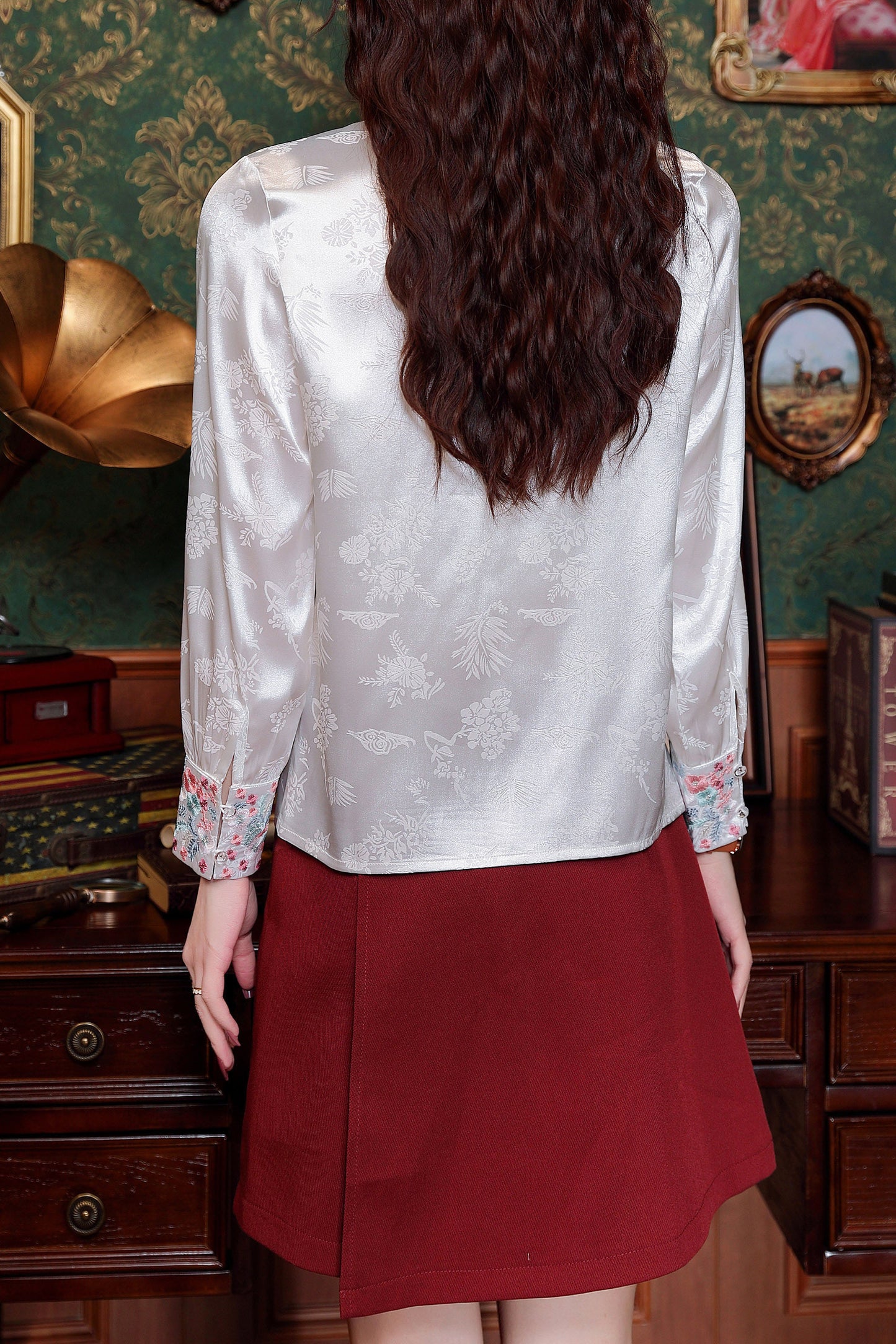 Women's Vintage chinese Silk Satin Top Embroidery Jacquard Blouses - LAI MENG FIVE CATS
