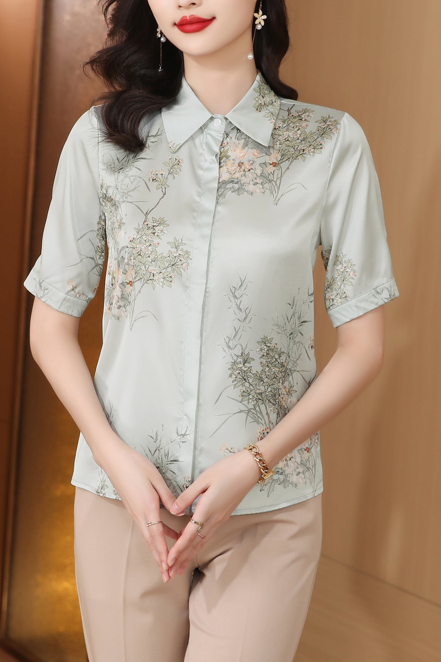 Women's Collared Floral Print Blouse Short Sleeve Tops