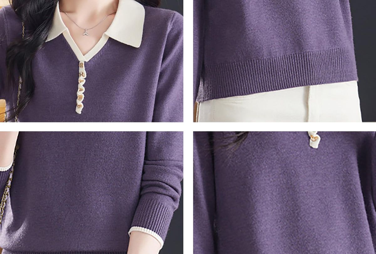 Women's Contrast-Collar Knit Top — Faux Button Placket