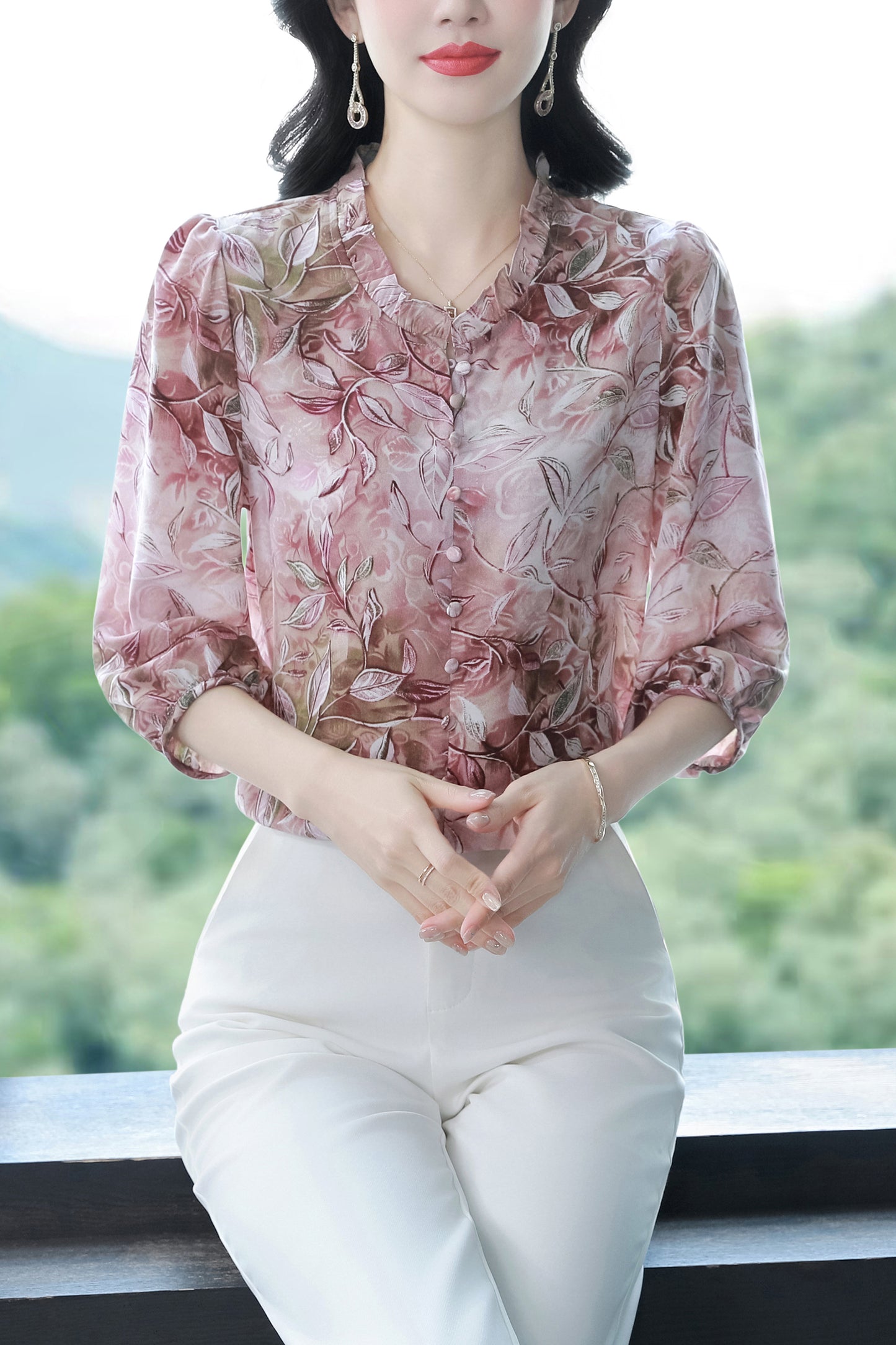 Women's  Floral Print Ruffle Puff Sleeve Blouses Top