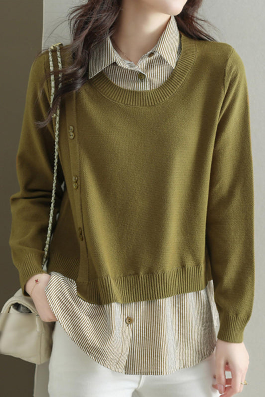 Womens Knit Long Sleeve Patchwork Blouse Tops - LAI MENG FIVE CATS