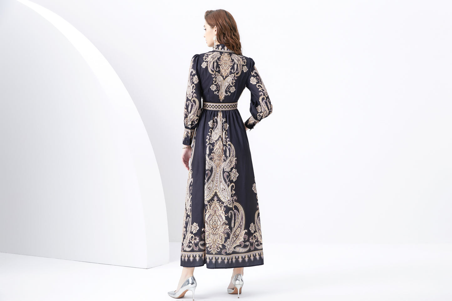 Women Vintage Floral Print Button Up Split Maxi Dress