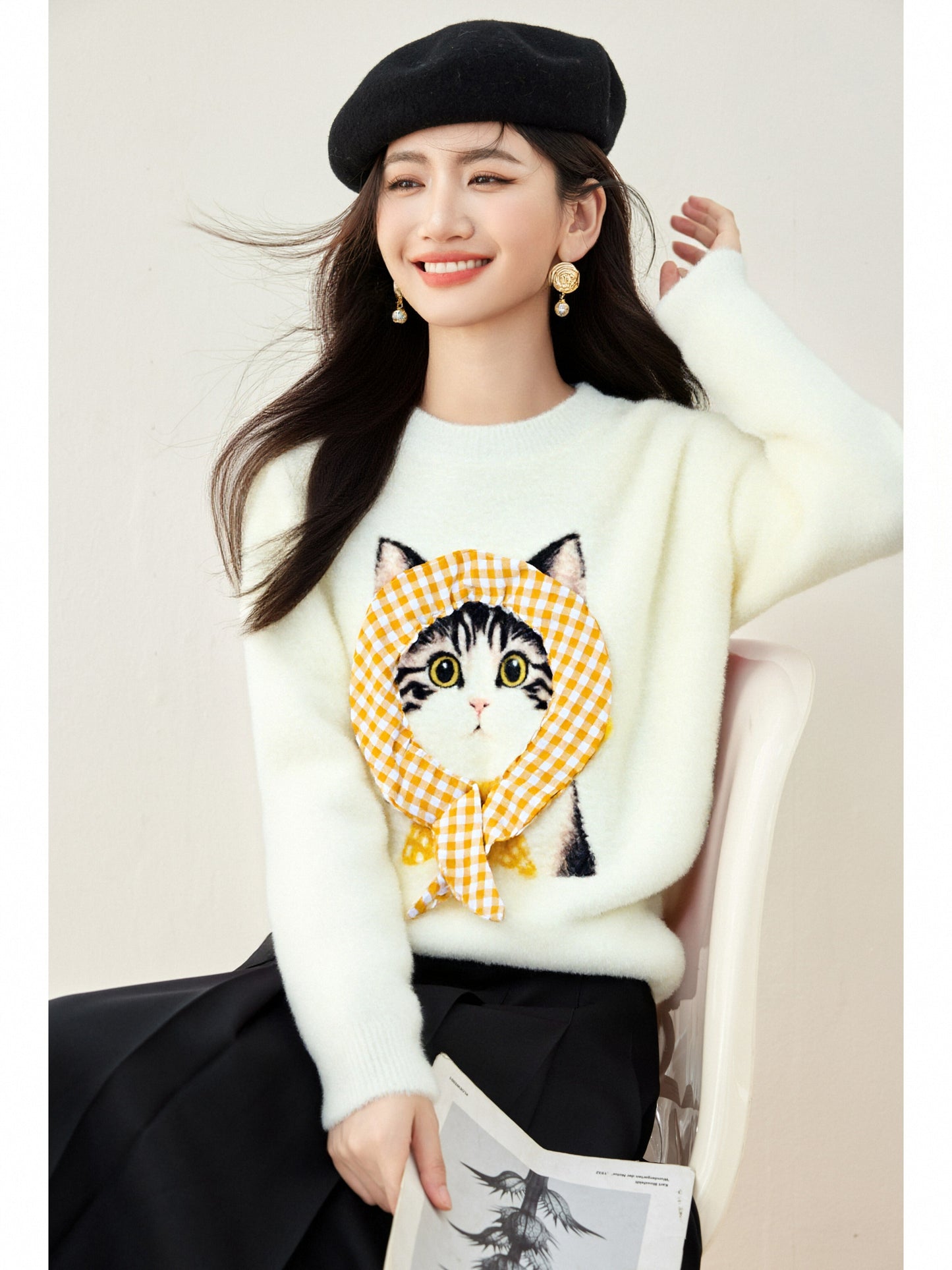 Women's Cat Sweater Fun Graphic Pullover Top