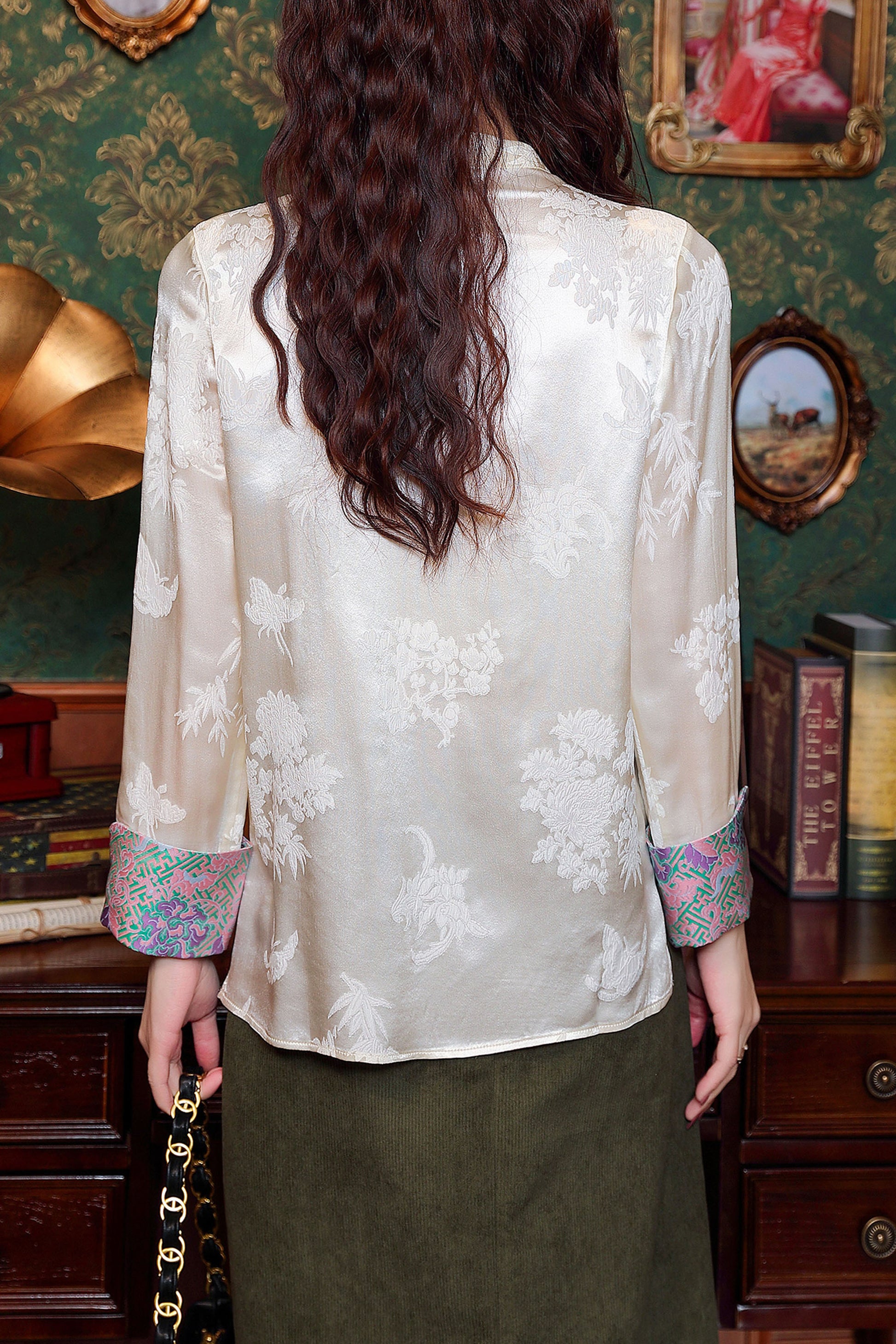 Women's Vintage chinese Silk Satin Top Embroidery Jacquard Blouses - LAI MENG FIVE CATS